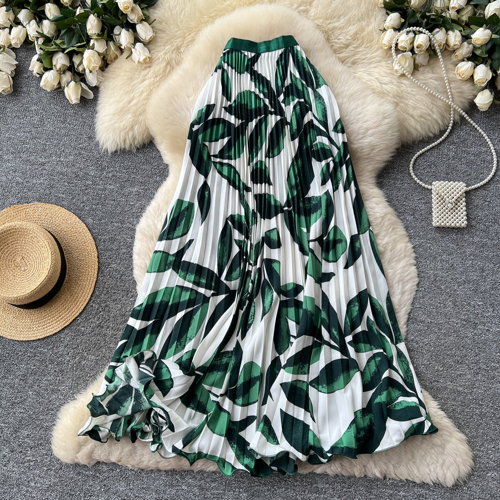 Export cross-border printing high waist a-line pleated skirt women's summerpleated skirt mid-length skirt work clothing holiday style