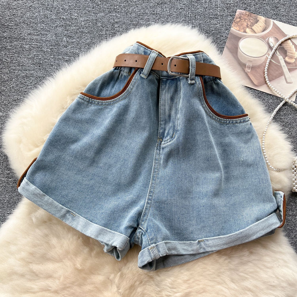 Belt waist-cinching denim wide-leg shorts for women american retroniche stylehigh waistslimming lookcasualeasiest for matchhot girl hot pants