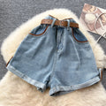 Belt waist-cinching denim wide-leg shorts for women american retroniche stylehigh waistslimming lookcasualeasiest for matchhot girl hot pants