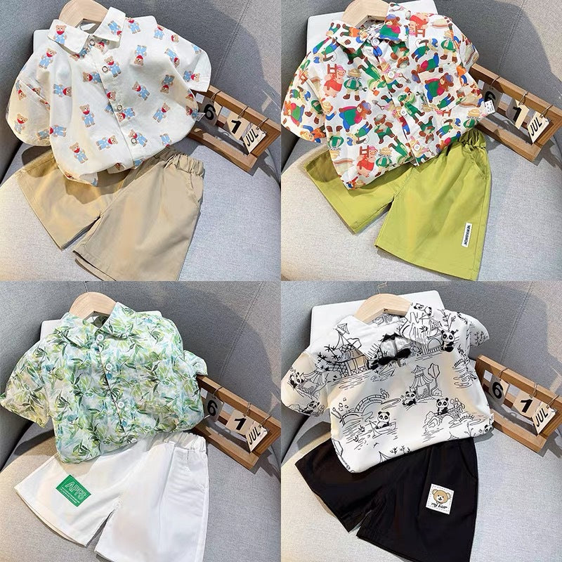 Boys' short-sleeve summer outfit set -  new korean style kids' shirt, stylish baby summer fashion two-piece set