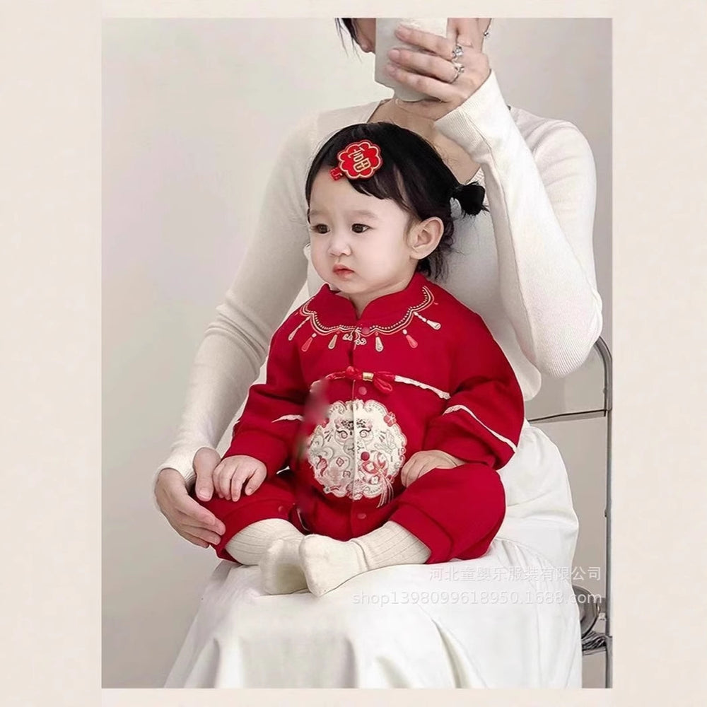 Spring & fall festive men's and women's 100-day first birthday khaki baby clothes chinoiserie formal wear one-piece baby onesie super