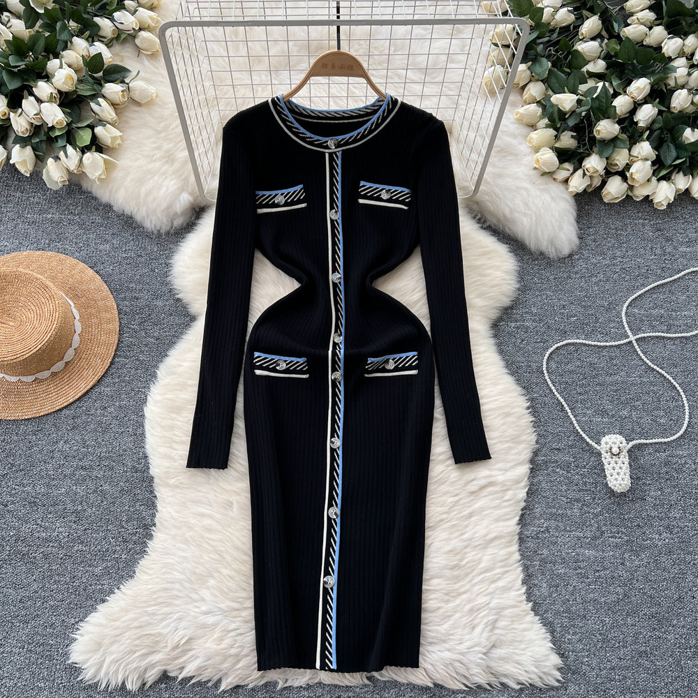 Classy small fragrance style retrocontrast color round neck button decoration waist slimming lookelegant bottom knitting shirt dress