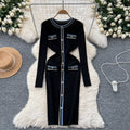 Classy small fragrance style retrocontrast color round neck button decoration waist slimming lookelegant bottom knitting shirt dress