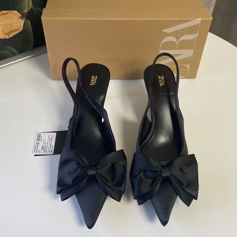 Za new 2024 spring low heel women's shoes - black stiletto pointed toe pumps with bow detail, open back fashion sandals