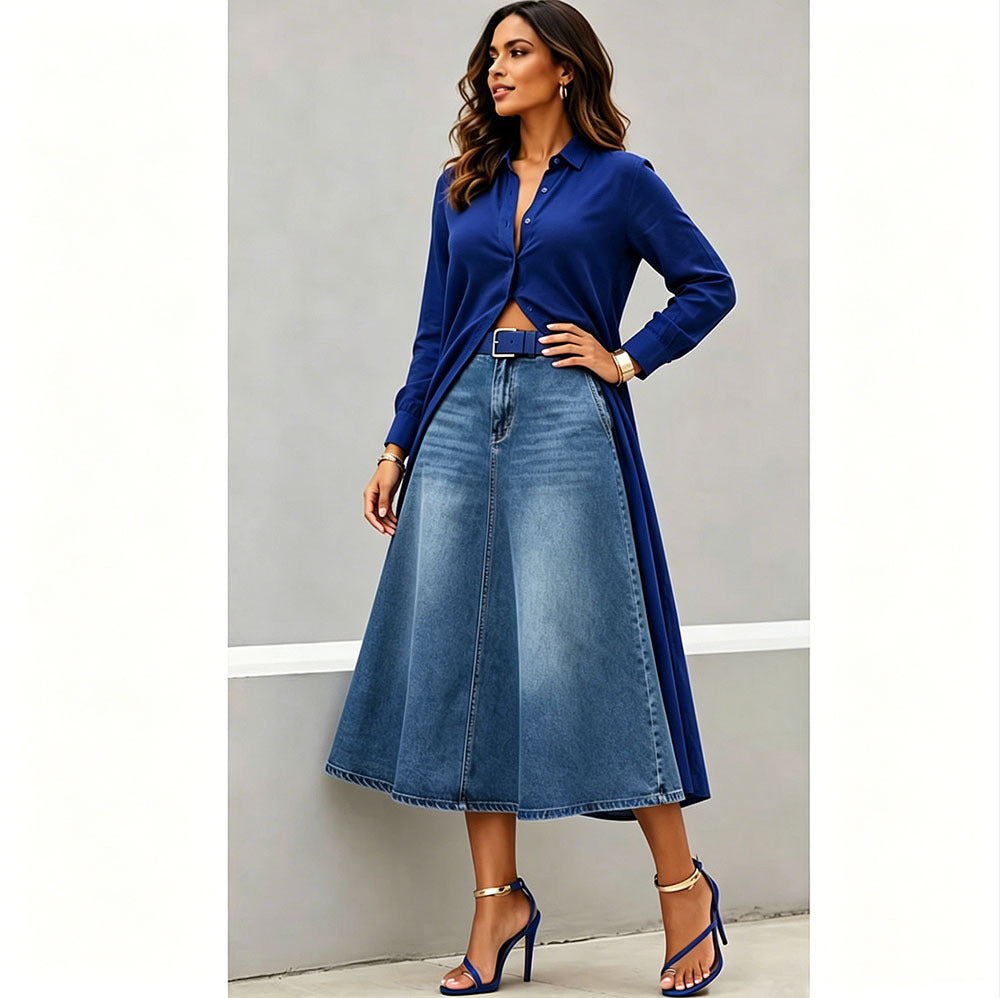 European and american style women's casual denim midi skirt - new  cross-border fashion, street style, washed high-waisted long skirt