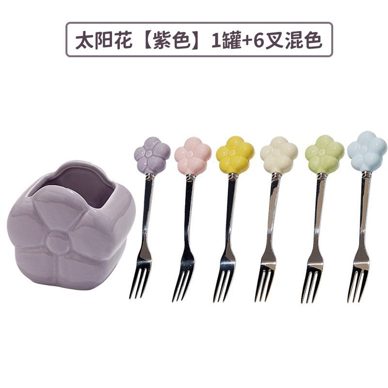 Creative sunflower stainless steel fruit fork desktop decoration ornament ceramic storage jar suit exquisite afternoon tea knife and fork
