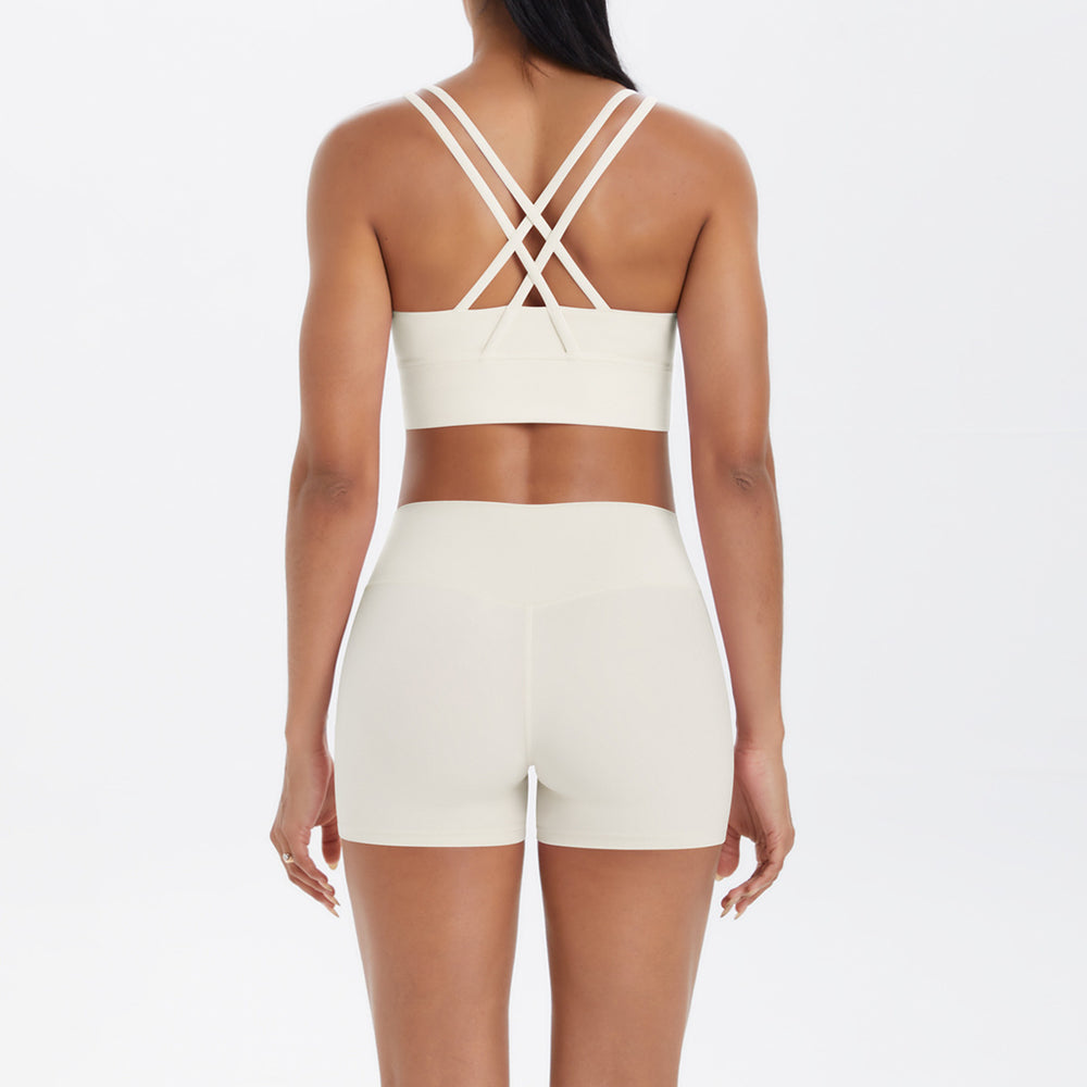 Fashion cross-border nude brushed cross back bra casual sports hip lifting shorts fitness yoga wear two-piece set