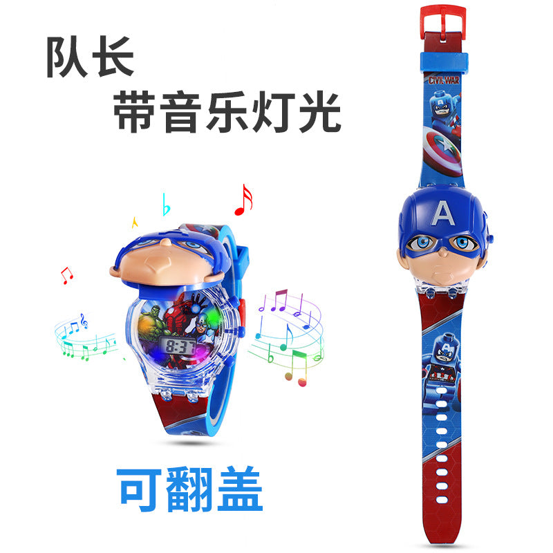 Superhero watch cartoon luminous flip cover elsa princess kuromi electronic birthday gift boy toy watch