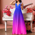 European and american plus size women's clothing  new fashion v-neck sexy high-waisted gradient pleated maxi dress gown