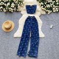 European and american hot girl style metal buckle printed bandeau top + high-waisted slimming long pants denim set - women's summer