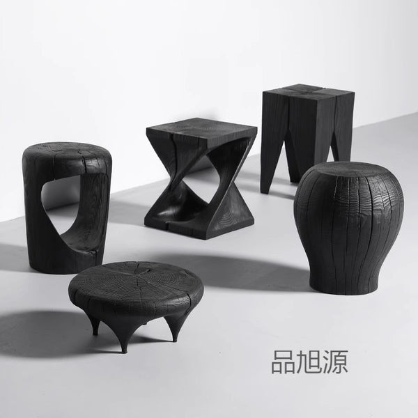 Wabi Sansan Solid Wood Stump Pier Carbonized Black Log Coffee Table Nordic B & B Art Stump Stool Root Carving Stool