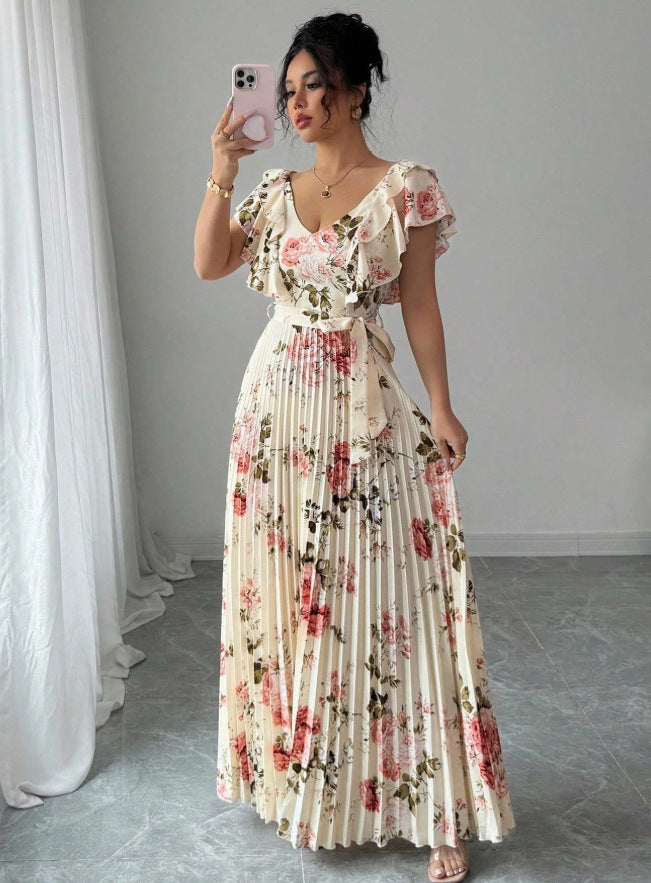 european and american cross-border e-commerce v-neck floral print elastic waist elegant commute a-line midi dress - women's