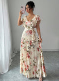 european and american cross-border e-commerce v-neck floral print elastic waist elegant commute a-line midi dress - women's