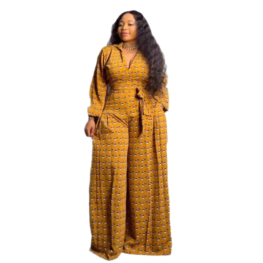 European and american cross-border women's clothing  new collection: african-inspired sweet floral tie-top and high-waisted wide-leg pants set