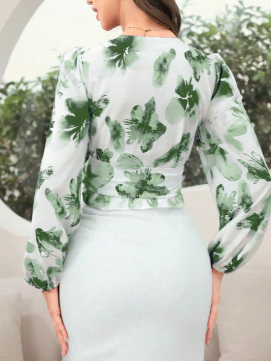 Women's elegant floral print tie-waist lantern sleeve blouse - new v-neck style for cross-border e-commerce
