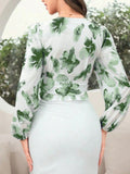 Women's elegant floral print tie-waist lantern sleeve blouse - new v-neck style for cross-border e-commerce