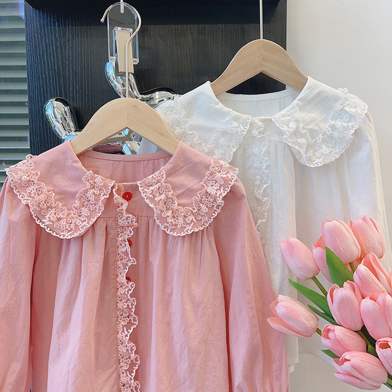 Kids'  autumn new arrival: stylish long-sleeve pure cotton shirt with peter pan collar and lace trim - korean style fashion blouse for girls