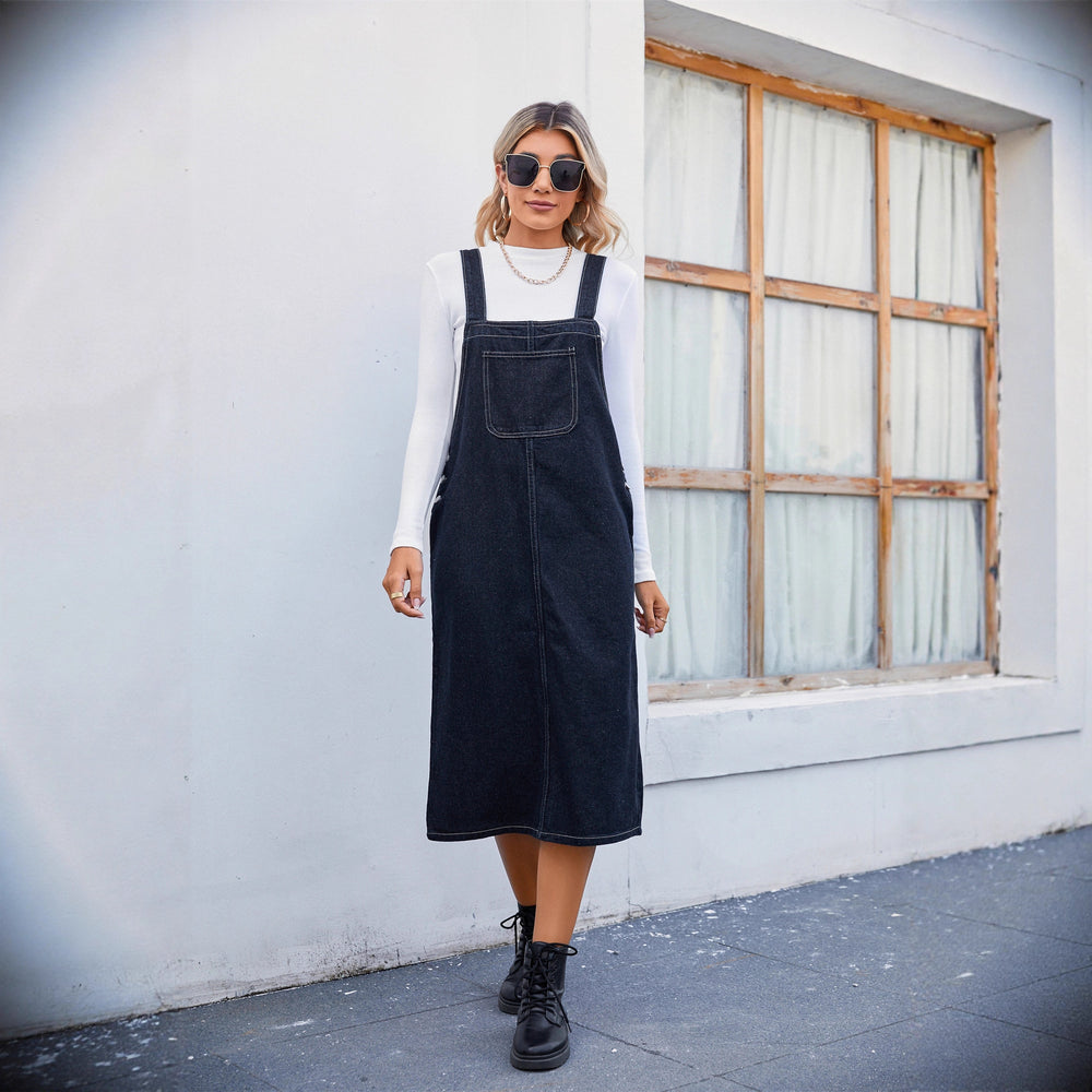 Us station fashion cross-border export   new arrivalstylish denim strap dress  mid-length skirt