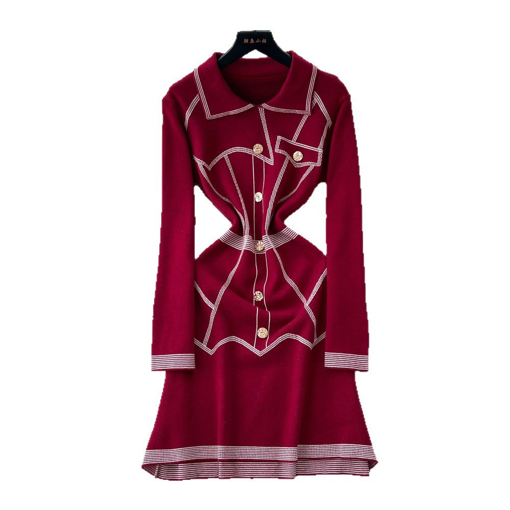 French chic chanel-inspired heavy embellished metal buckle lapel long sleeve slim fit knit dress - women's autumn sweater dress