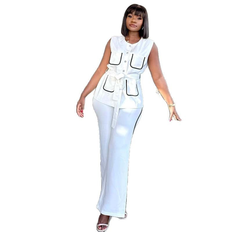 European and American contrasting color pocket set temperament elegant high-end straps cardigan vest trousers African women's two-piece set women's