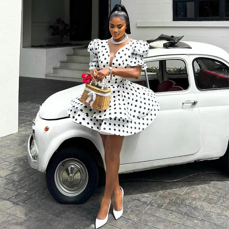 European and american cross-border women's fashion:  summer new arrival - elegant bubble sleeve v-neck polka dot high-waisted asymmetrical dress