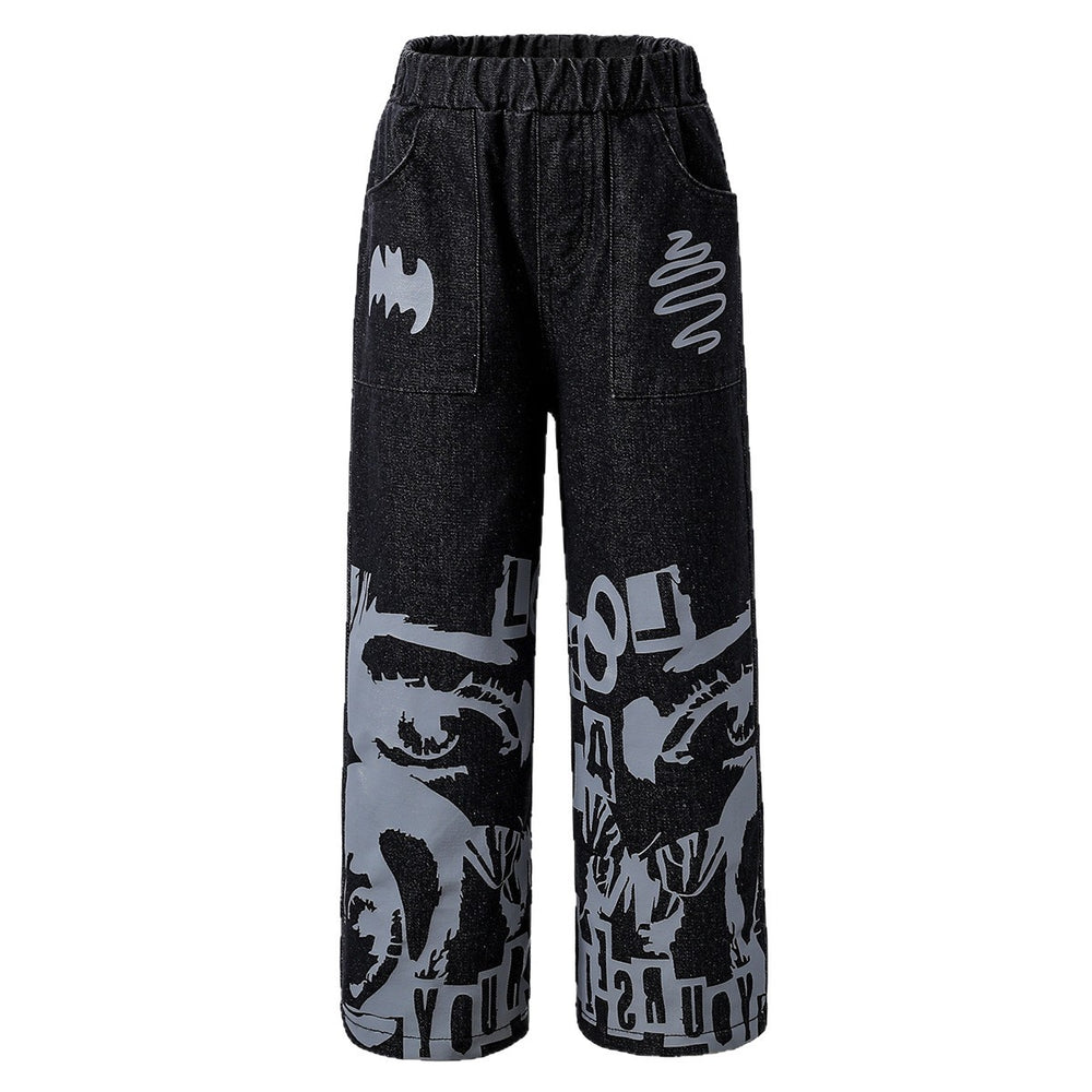 kidsjeans black stylishprinting veneer loose pants elastic pants american girlstraight-leg pants