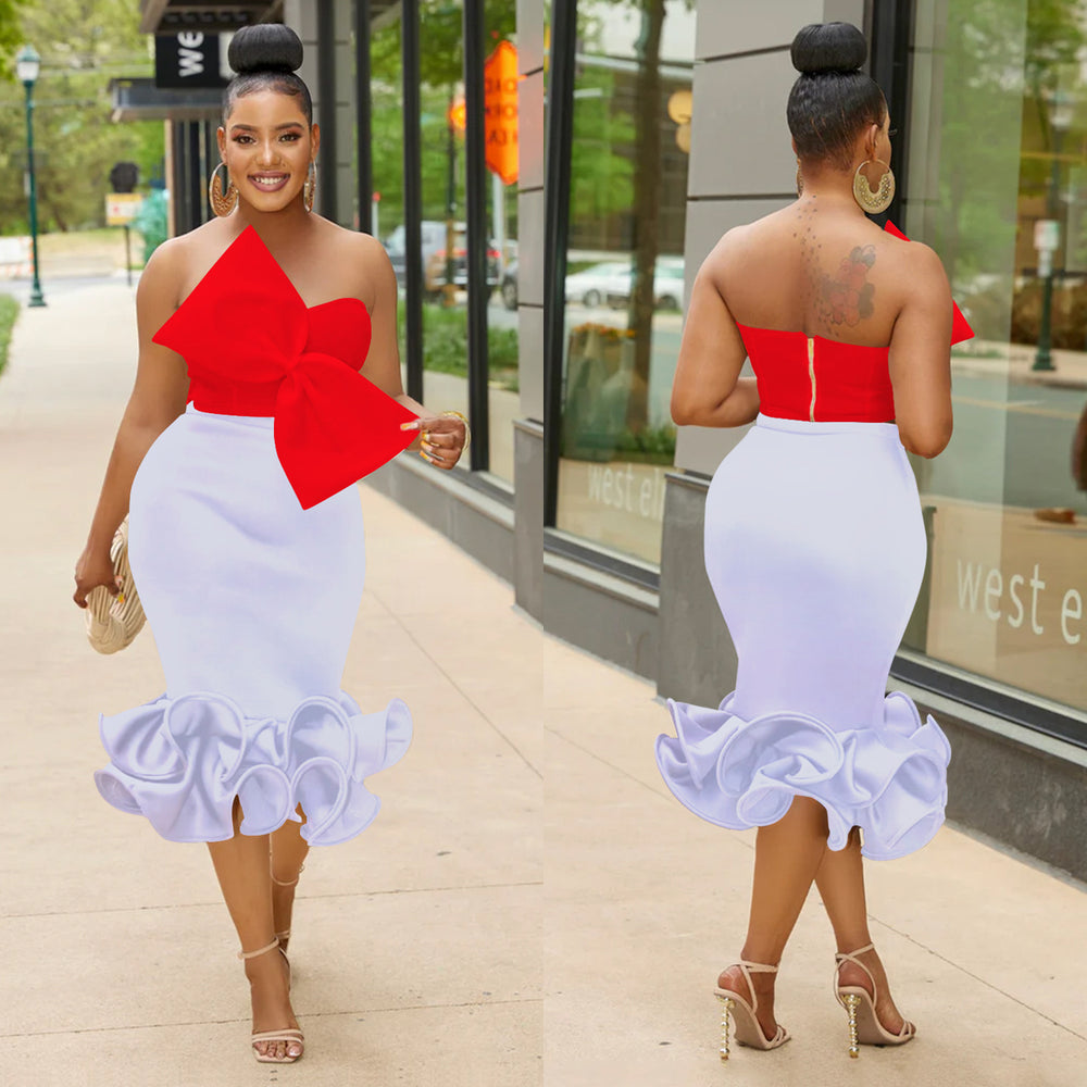 C6397 cross-border   fashion women's sleeveless bandeau bowknot bodycon skirt two-piece set