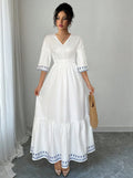 new cross-border v-neck lace trimmed waist elegant ruffle hem dress