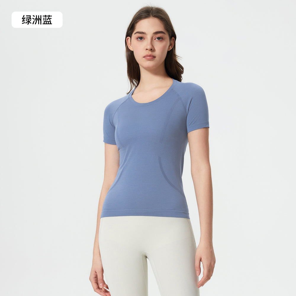 Summer seamless one-piece knit crew neck yoga top - slim fit, quick-dry, breathable running & workout short sleeve tee for women - d25073