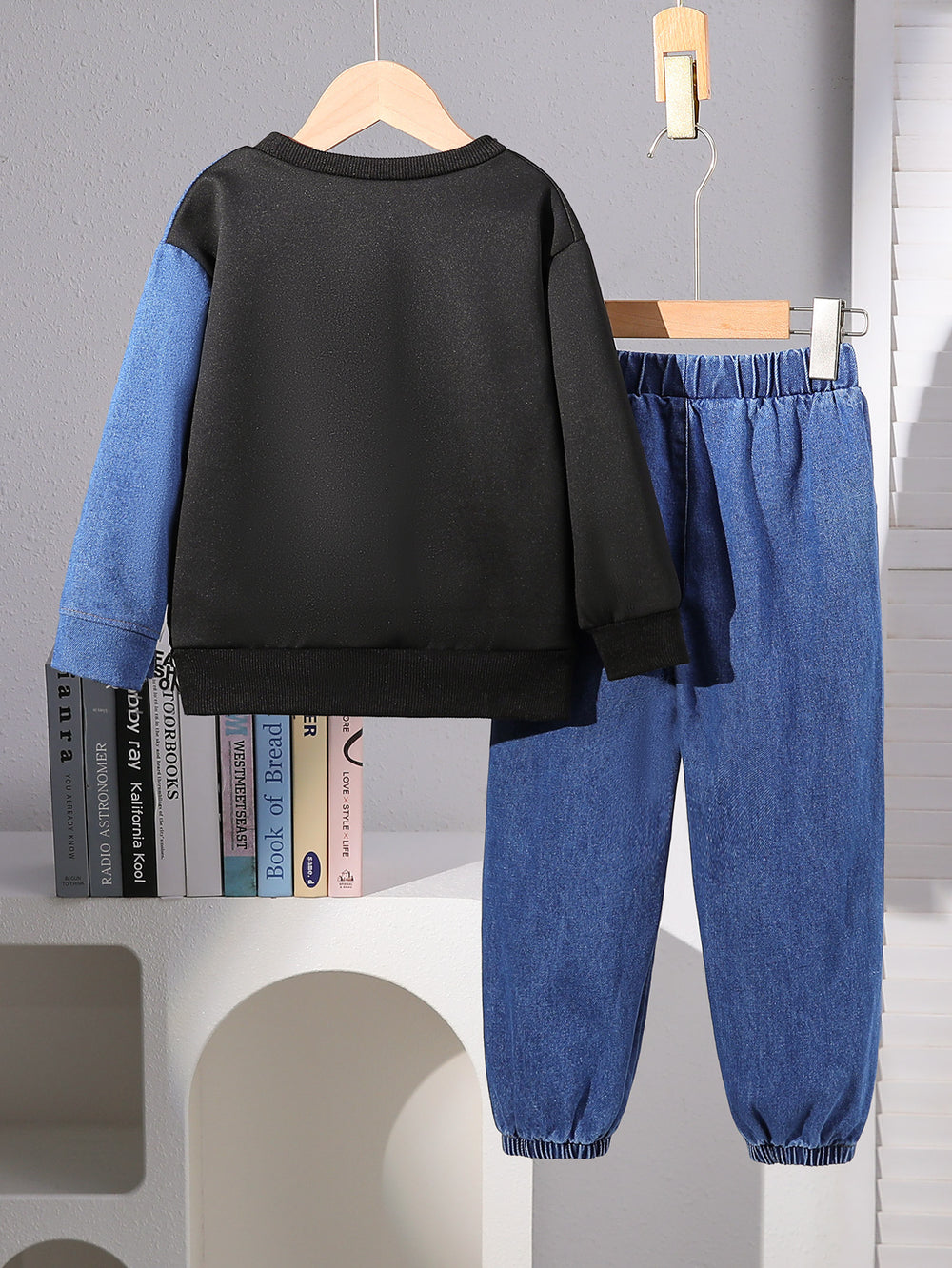 children's autumn and winter denim suit black round neck denim patchwork sweatshirt + denim pants suittwo-piece set
