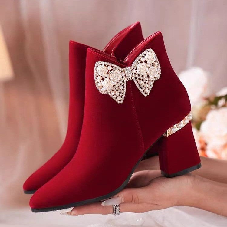 2024 winter new arrival red wedding shoes for women with thick heels and non-tiring feet wedding dress xiuhe two-piece bridal wedding boots