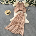 Vacation style pleated lantern sleeve shirt high waist skirt women's autumkorean style outfit pleatedeleganttwo-piece set