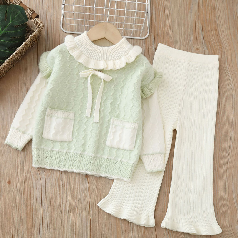 Girls' knitted sweater two-piece set: round neck, new autumn/winter  style with pockets and flutter sleeves