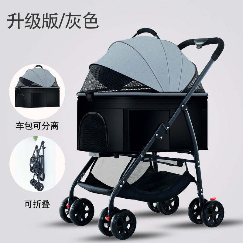 Lightweight foldable pet stroller cat dog carrier with detachable cage, portable small pet carriage with handbag and pet bed