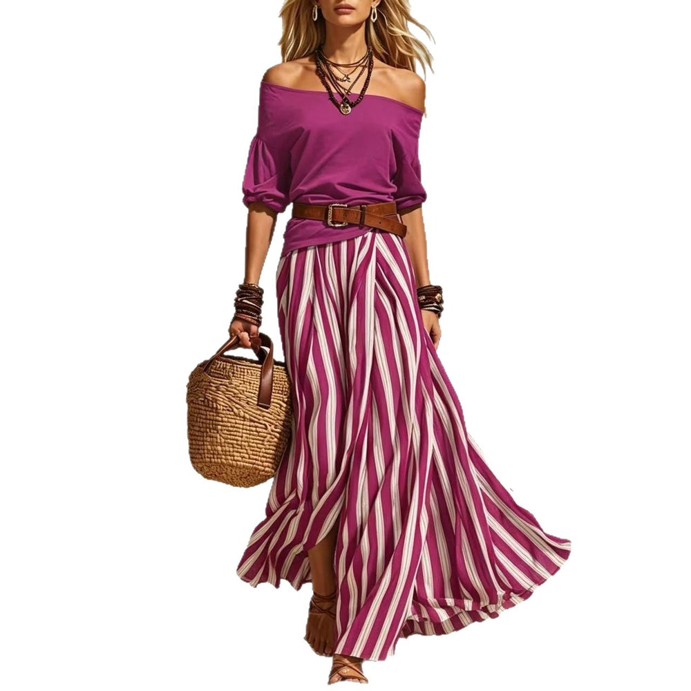 spring/summer new european and american cross-border nautical resort style off-shoulder top and slit skirt women's set