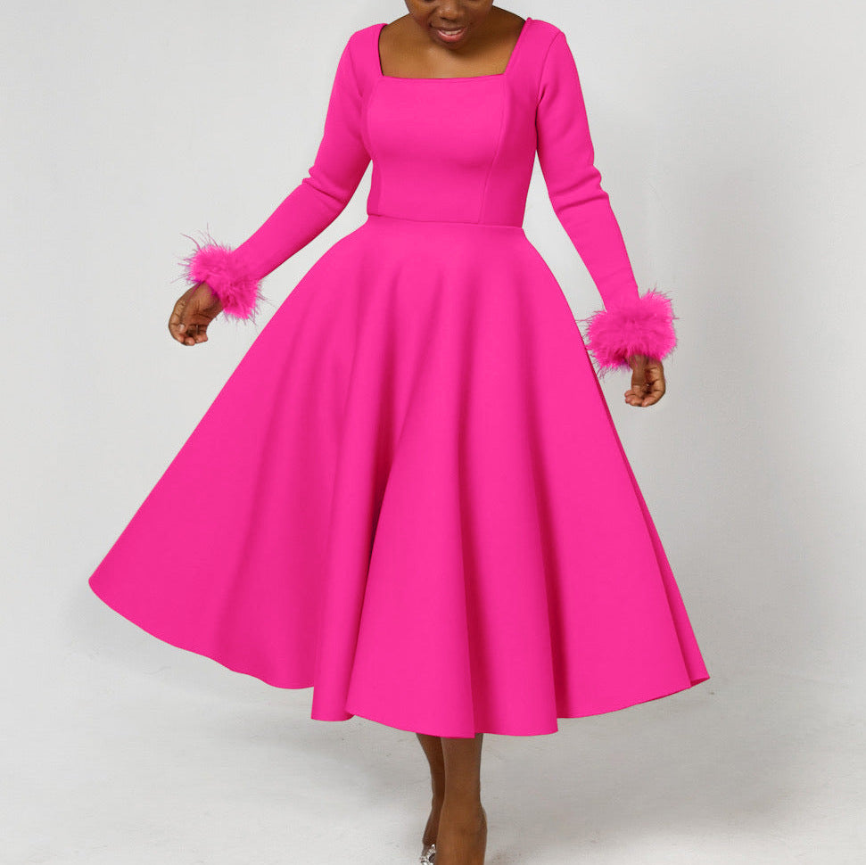 D451 party dress independent station winter elegant elegance fur decoration large skirt dress african dress