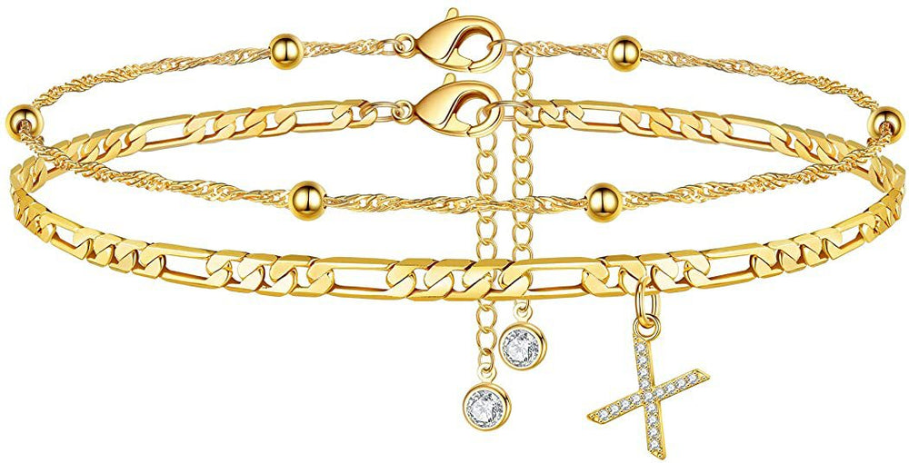 export hot-selling 26-letter anklet, zircon letter anklet, minimalist fashion seed bead cuban double-layer anklet