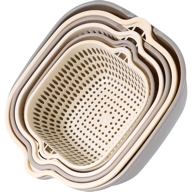 Double-layer vegetable basin drain basket six-piece set kitchen fruit washing tray living room for home square vegetable washing basin vegetable basket