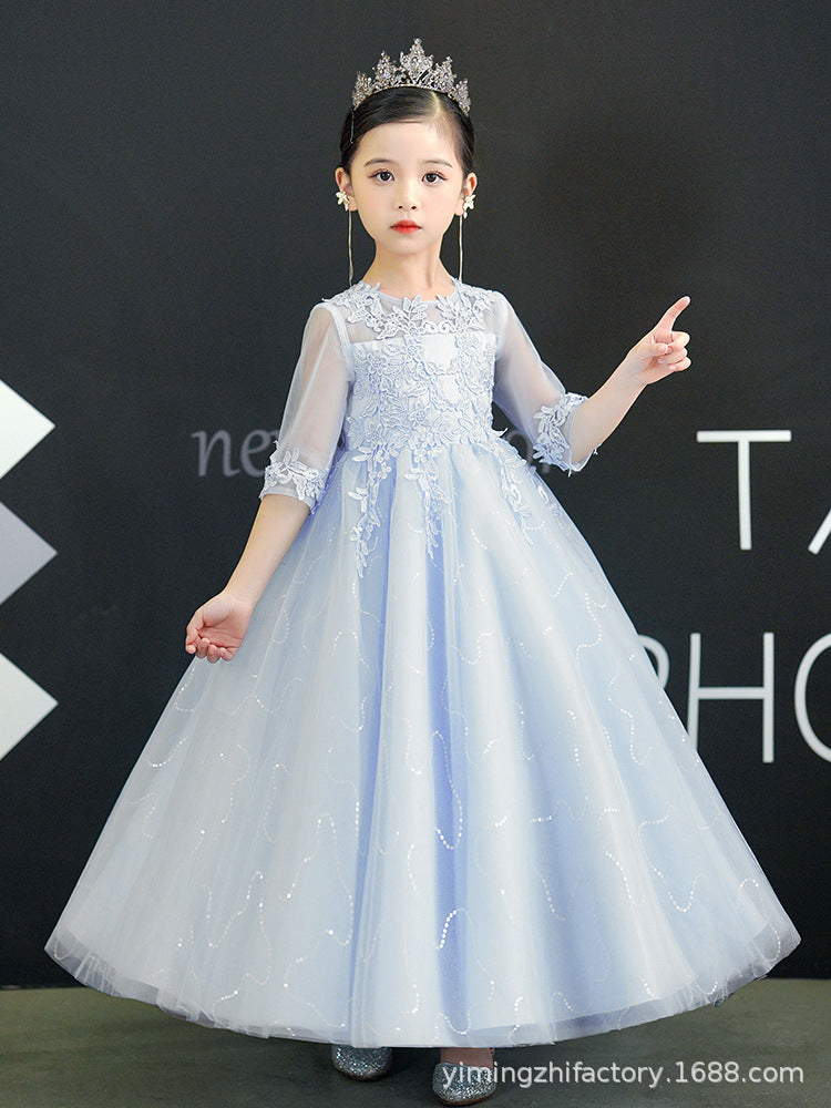 Hot-selling lace girls' dresses: new 3/4 sleeve princess dresses for girls, perfect for performances (sizes for mid-to-large children)