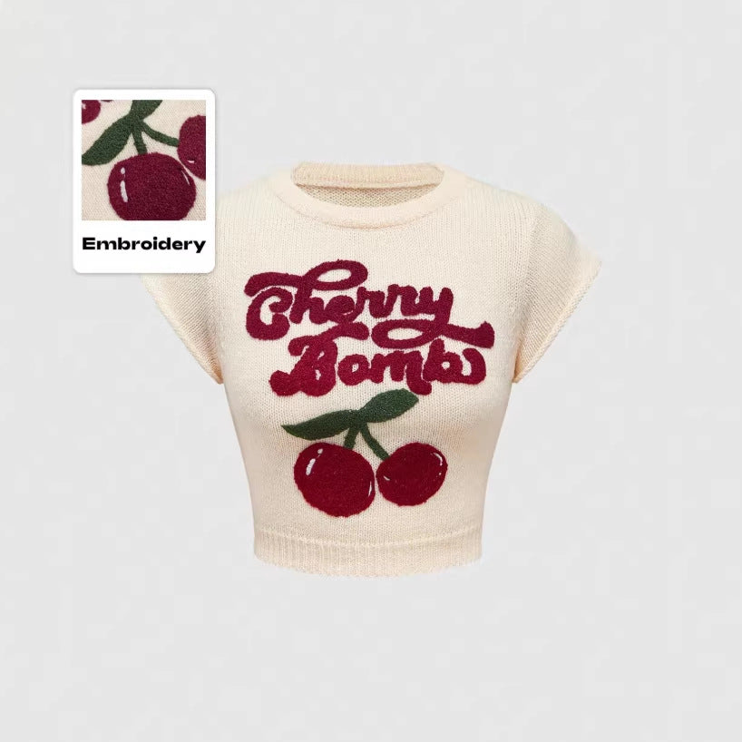 cherry knit crewneck sweater top - pullover, relaxed fit, oversized style