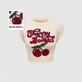 cherry knit crewneck sweater top - pullover, relaxed fit, oversized style
