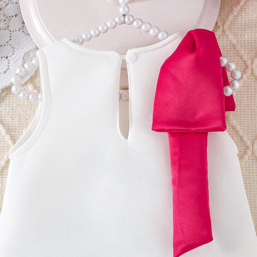 girls' solid color sleeveless party dress with 3d floral hem and bow detail