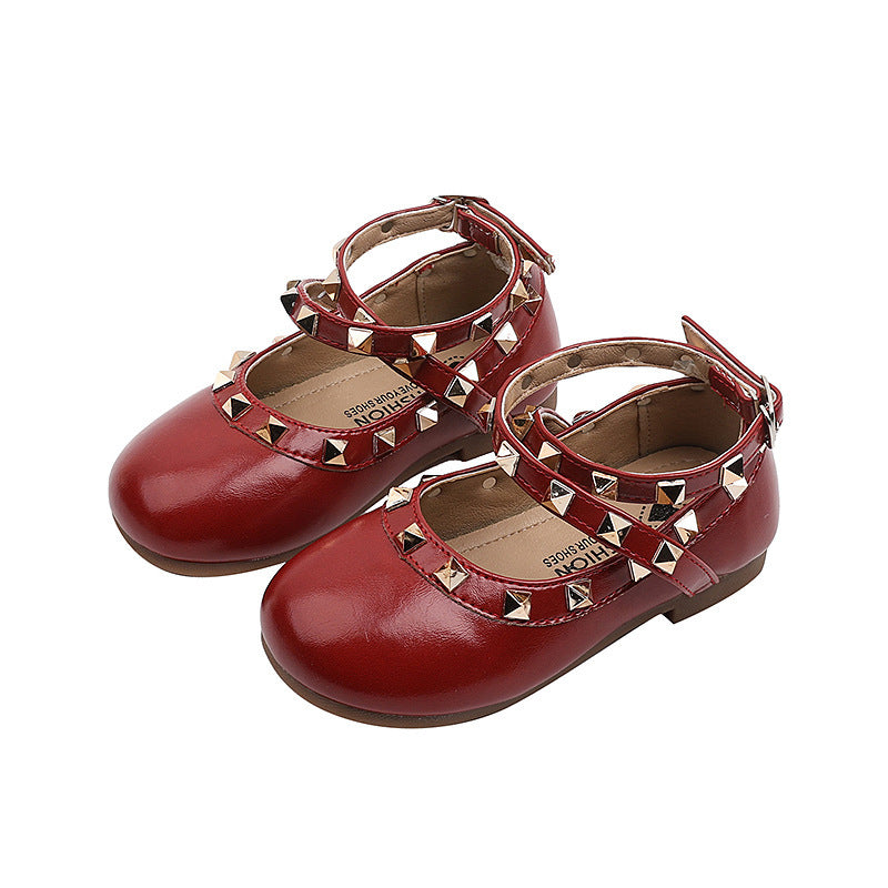 Vancahao girl's rivet fashion small leather shoes  spring & fall new arrivalk-stylekids bright leather princess shoes performance shoes