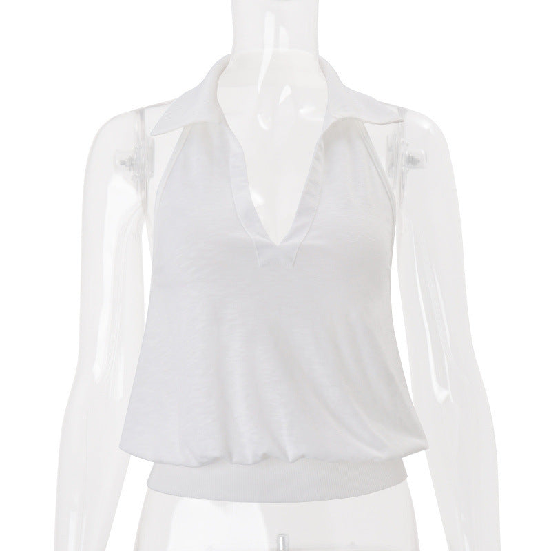 Amazon women's clothing  summer new slim-fit solid color v-neck cutout halter crop top vest