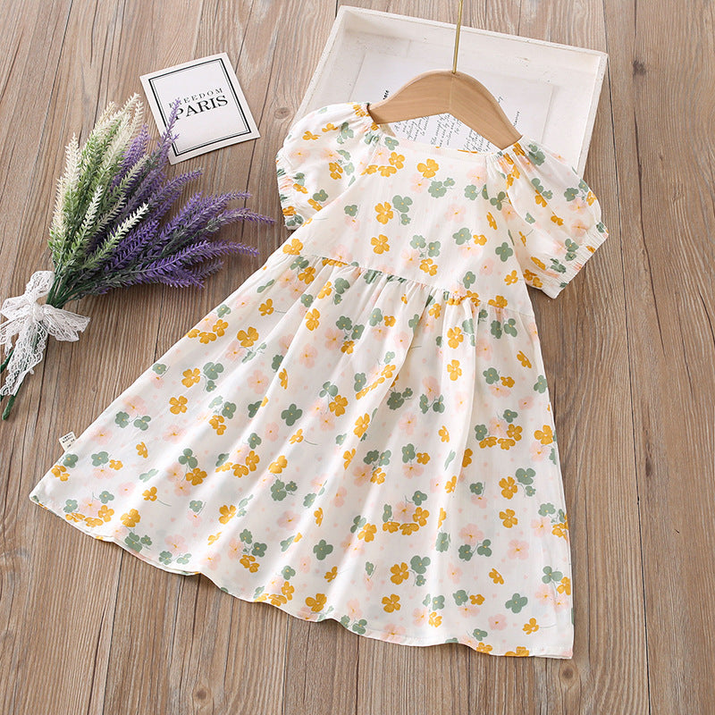 【matching family outfits】girls' cotton silk floral dress - princess style, stylish print, and puff sleeve skirt
