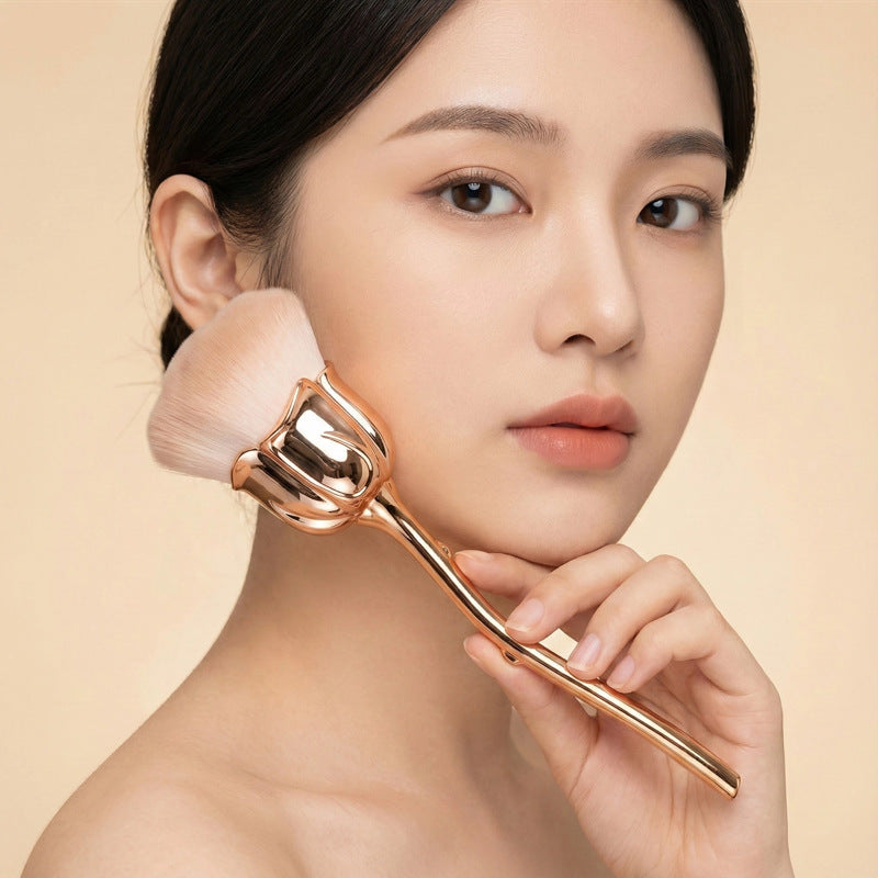 New gold electroplated rose powder brush, large soft bristle nail art dust brush, single pack floral makeup brush