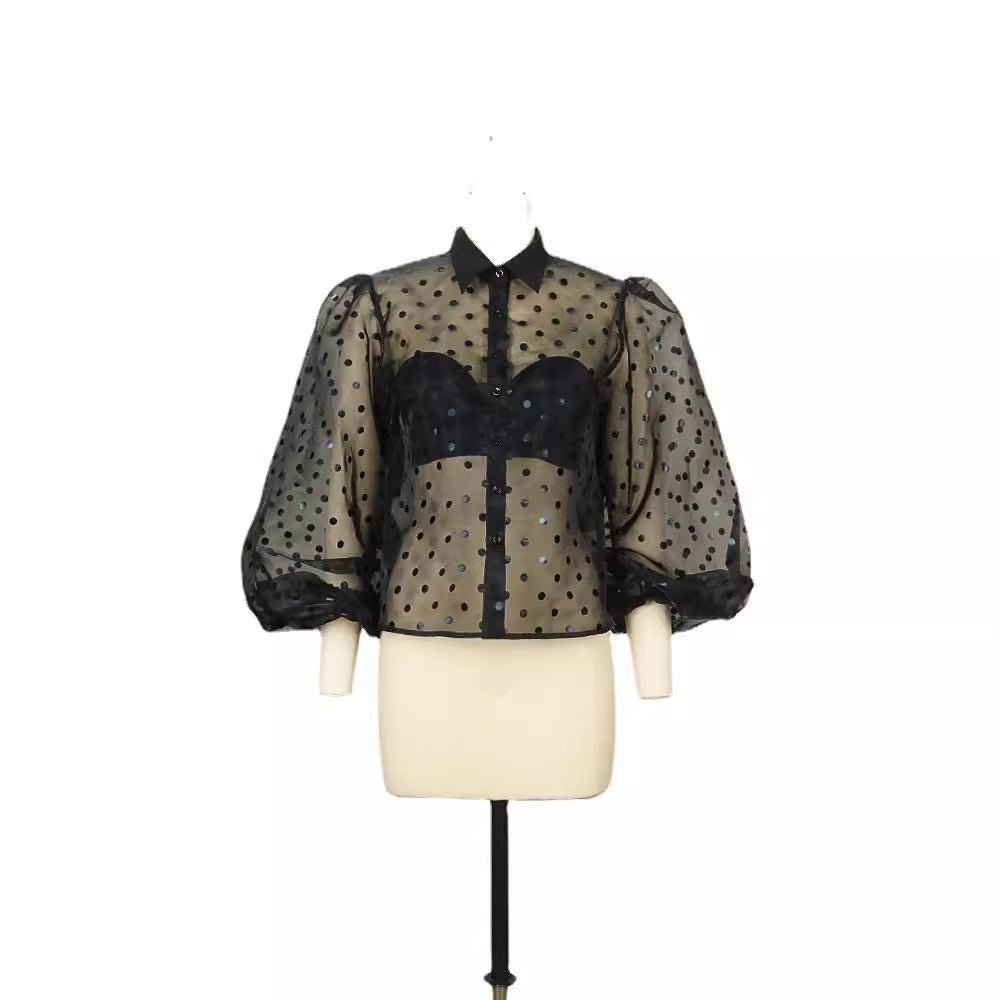 Summer new black v-neck organza polka dot puff sleeve long sleeve sexy see-through blouse versatile top women's clothing