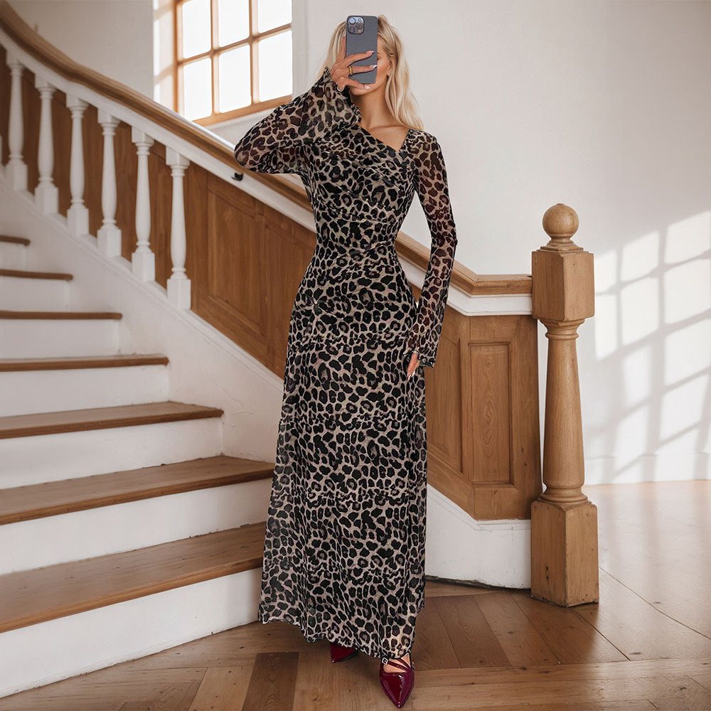 European and american  new arrival cross-border women's asymmetrical neck long sleeve sexy leopard print elegant long party dress