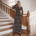 European and american  new arrival cross-border women's asymmetrical neck long sleeve sexy leopard print elegant long party dress