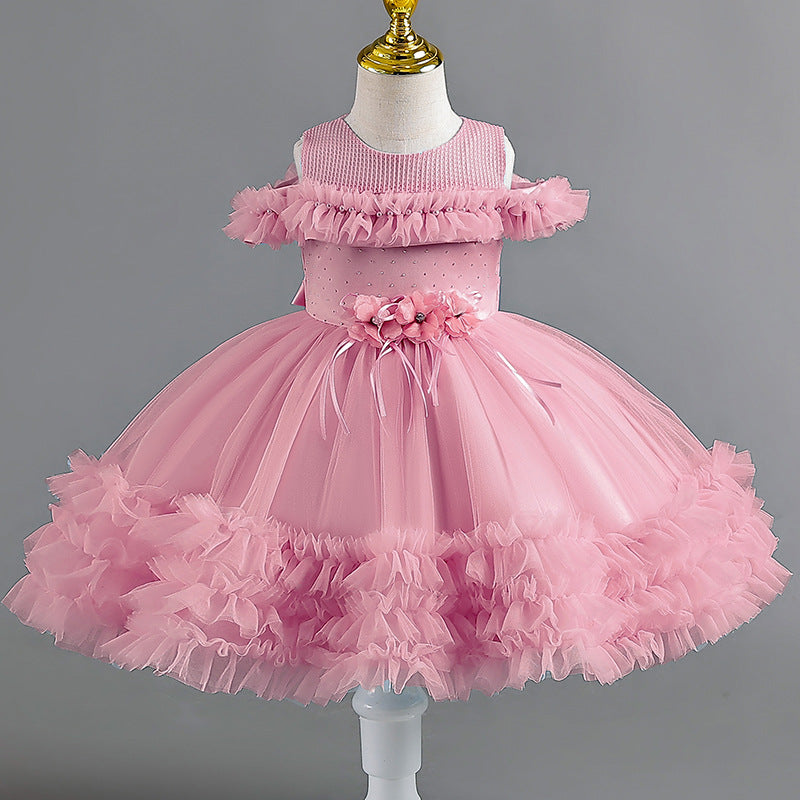 Ready-to-ship new children's formal dress - off-the-shoulder tulle princess dress for baby girls' first birthday